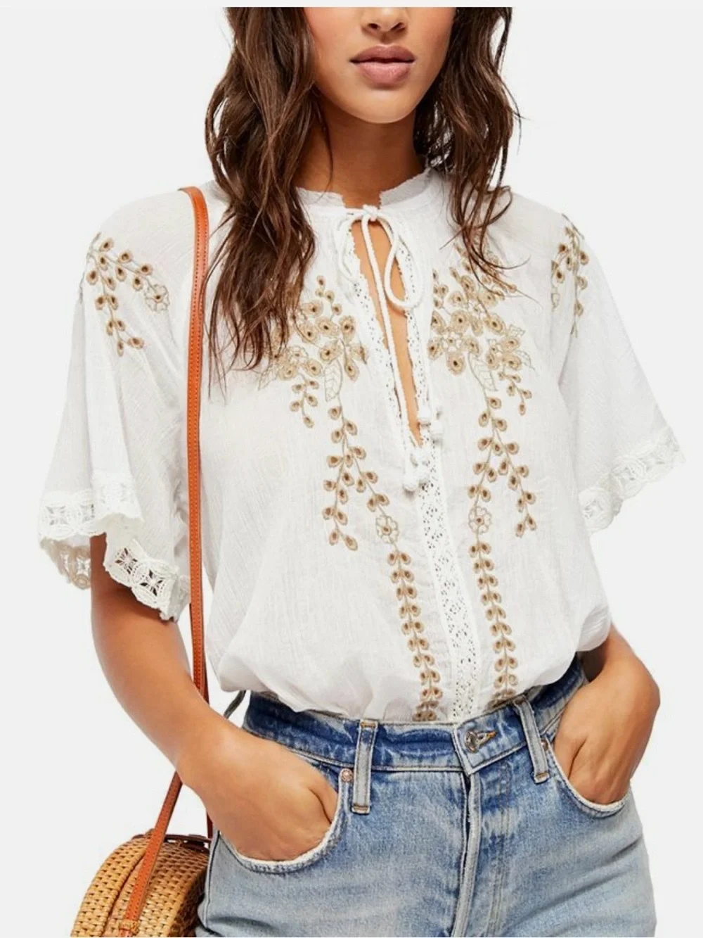 Free People Dahlia Embroidered Blouse Ivory Boho Lace Flutter Sleeve Size M - Picture 3 of 7